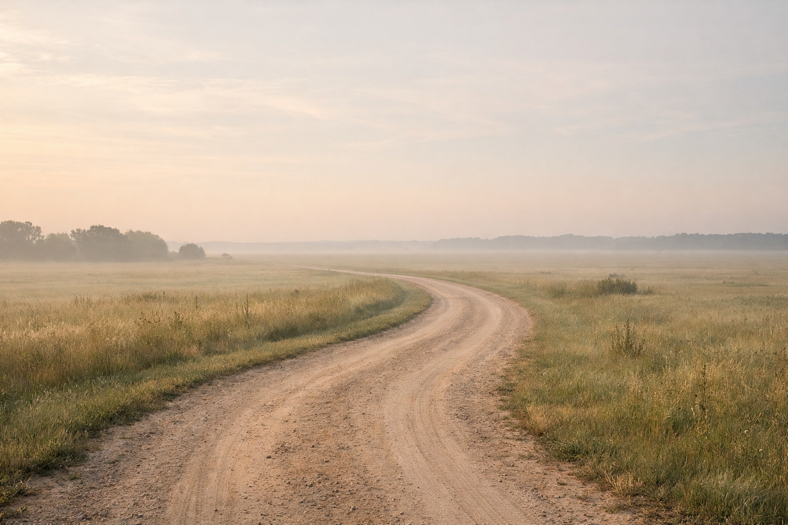 Soft morning landscape with a gently curving dirt road leading through a quiet open field toward a hazy horizon, in muted natural tones and calm light