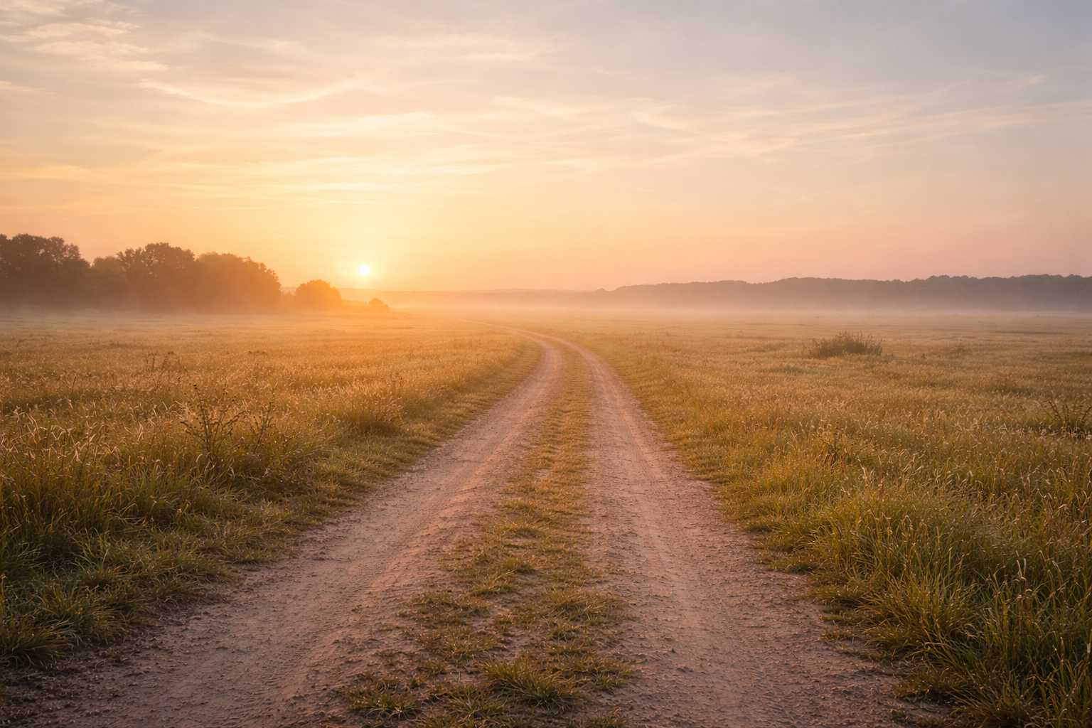 Dirt path leading toward a soft sunrise across an open field with warm morning light and light mist, symbolizing a calm and hopeful new beginning